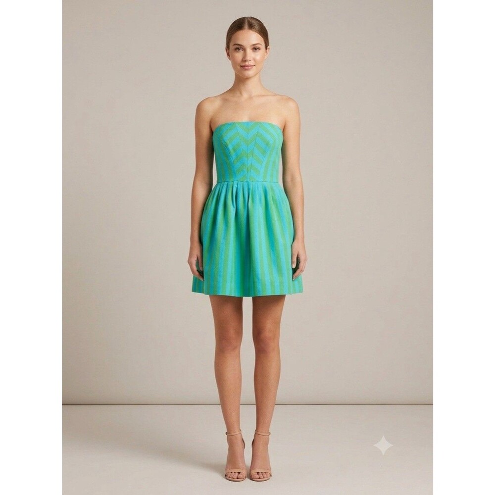 Lilly Pulitzer Strapless Blue/Green Swizzle Striped Cotton Silk ‘Eve’ Dress Sz 4
